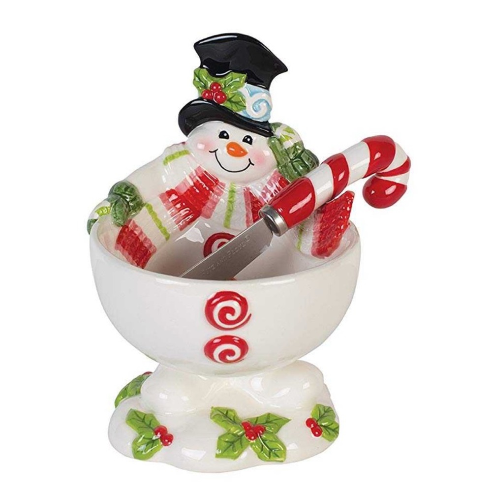 Fitz and Floyd Flurry Folk Snowman 
Footed Bowl & Candy Cane Spreader Set-NIB